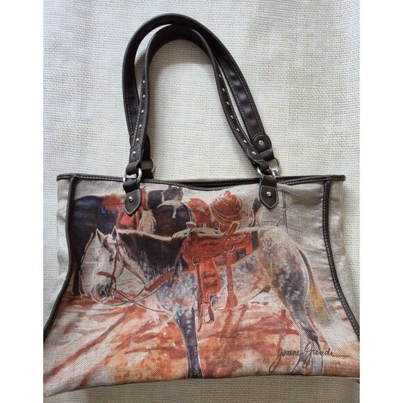 Montana West Tan Canvas & Brown Studded Trim Horse Painting  Large Purse Tote - Picture 8 of 12